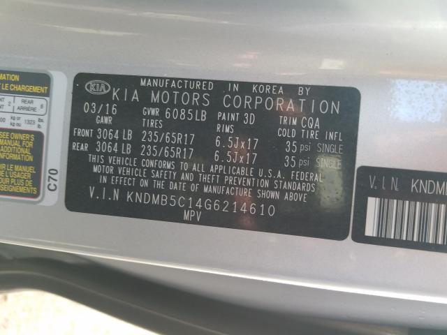 KNDMB5C14G6214610 - 2016 KIA SEDONA LX  photo 10