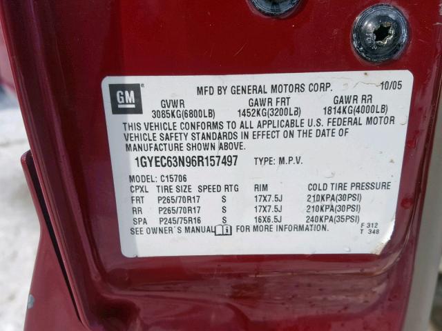 1GYEC63N96R157497 - 2006 CADILLAC ESCALADE L MAROON photo 10