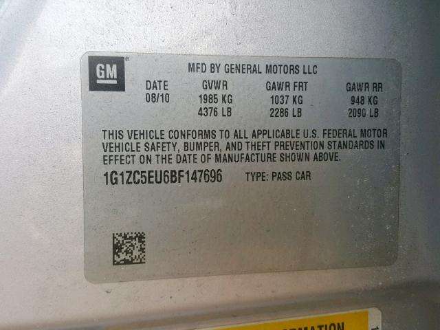 1G1ZC5EU6BF147696 - 2011 CHEVROLET MALIBU 1LT ვერცხლისფერი ფოტო 10