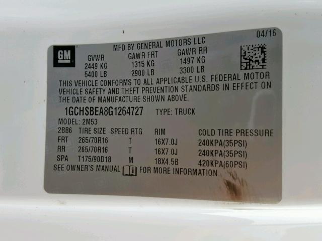 1GCHSBEA8G1264727 - 2016 CHEVROLET COLORADO WHITE photo 10