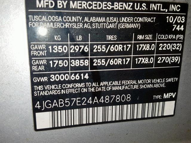 4JGAB57E24A487808 - 2004 MERCEDES-BENZ ML 350 SILVER photo 10