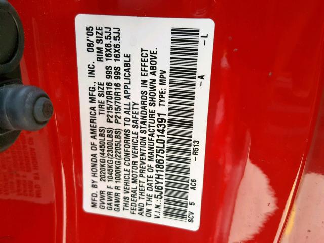 5J6YH18675L014391 - 2005 HONDA ELEMENT EX RED photo 10