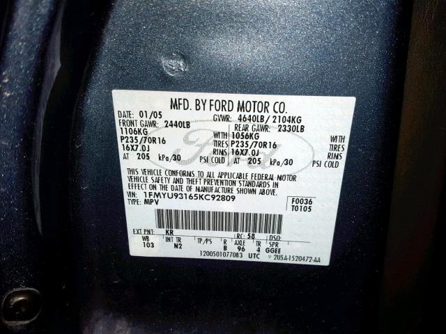 1FMYU93165KC92809 - 2005 FORD ESCAPE XLT BLUE photo 10