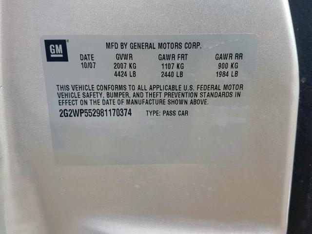 2G2WP552981170374 - 2008 PONTIAC GRAND PRIX SILVER photo 10