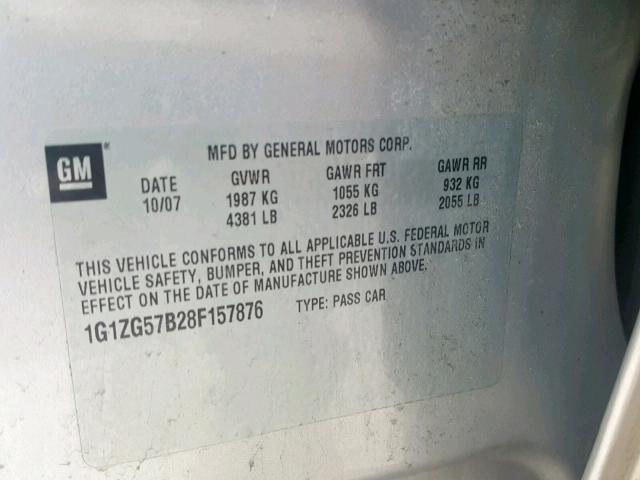 1G1ZG57B28F157876 - 2008 CHEVROLET MALIBU LS SILVER photo 10