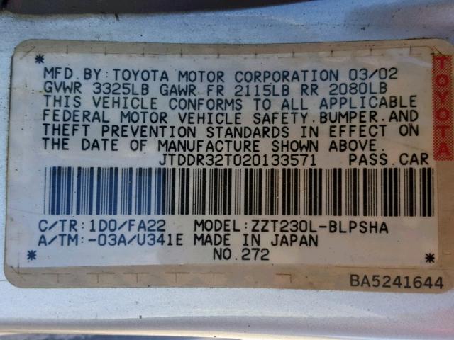 JTDDR32T020133571 - 2002 TOYOTA CELICA GT SILVER photo 10