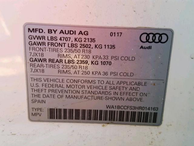 WA1BCCFS3HR014163 - 2017 AUDI Q3 PREMIUM WHITE photo 10