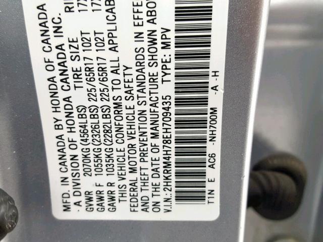 2HKRM4H78EH709435 - 2014 HONDA CR-V EXL SILVER photo 10