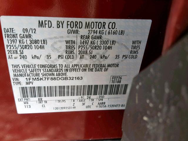 1FM5K7F88DGB32163 - 2013 FORD EXPLORER L RED photo 10