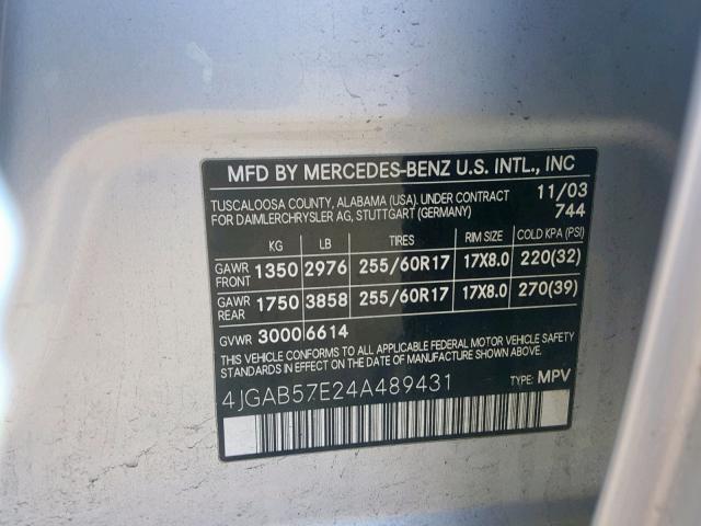 4JGAB57E24A489431 - 2004 MERCEDES-BENZ ML 350 SILVER photo 10