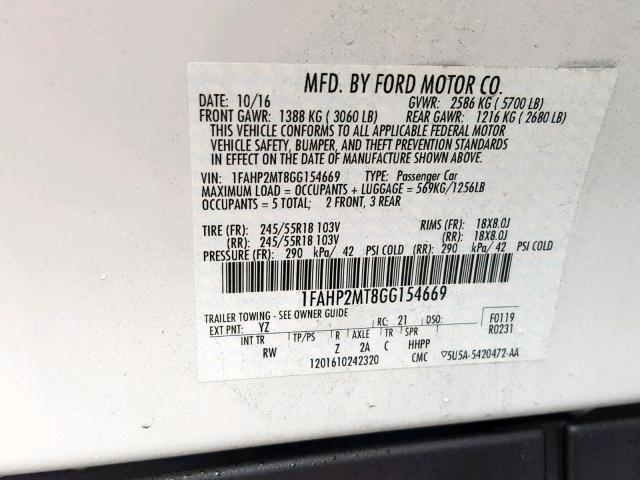 1FAHP2MT8GG154669 - 2016 FORD TAURUS POL WHITE photo 10