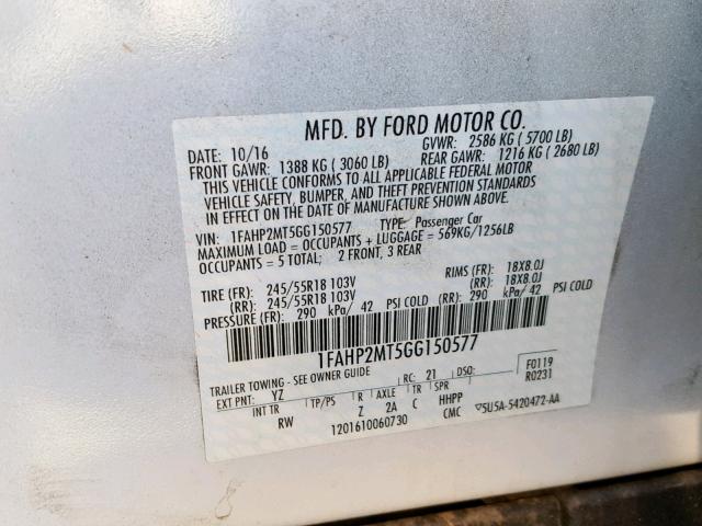 1FAHP2MT5GG150577 - 2016 FORD TAURUS POL WHITE photo 10