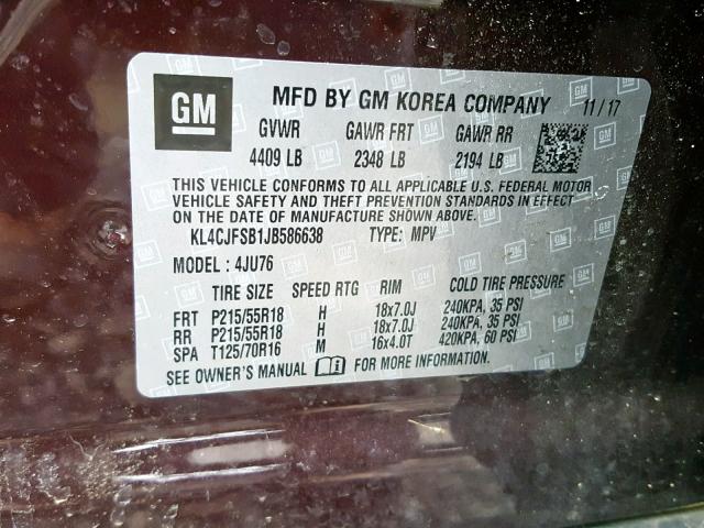 KL4CJFSB1JB586638 - 2018 BUICK ENCORE PRE PURPLE photo 10