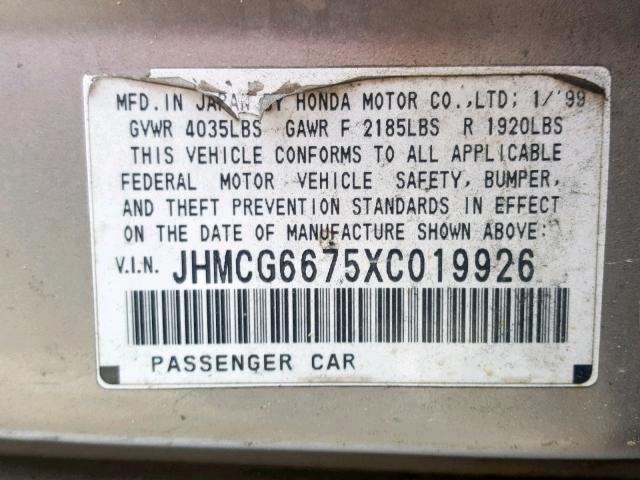 JHMCG6675XC019926 - 1999 HONDA ACCORD EX SILVER photo 10
