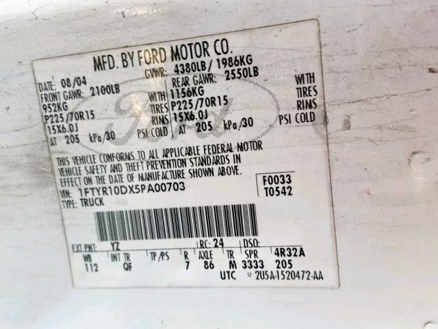 1FTYR10DX5PA00703 - 2005 FORD RANGER WHITE photo 10