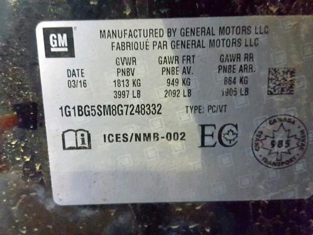 1G1BG5SM8G7248332 - 2016 CHEVROLET CRUZE PREM BLACK photo 10