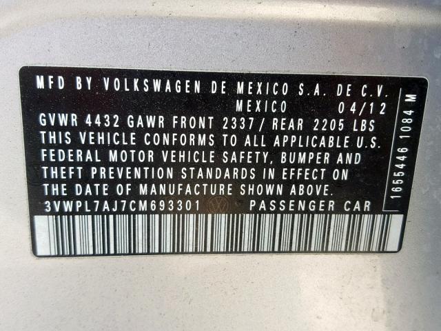 3VWPL7AJ7CM693301 - 2012 VOLKSWAGEN JETTA TDI SILVER photo 10