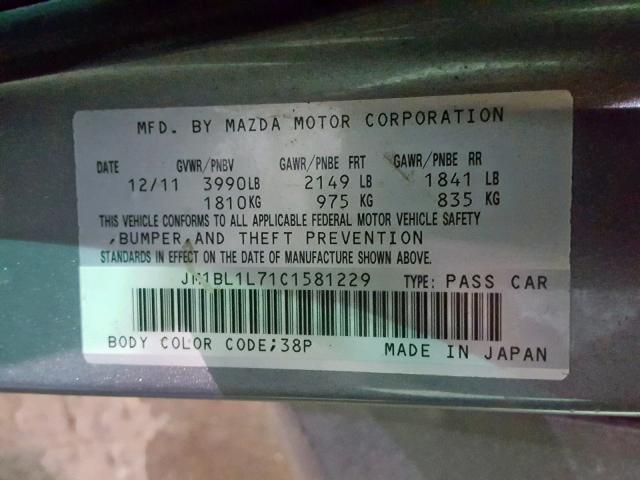 JM1BL1L71C1581229 - 2012 MAZDA 3 I GRAY photo 10