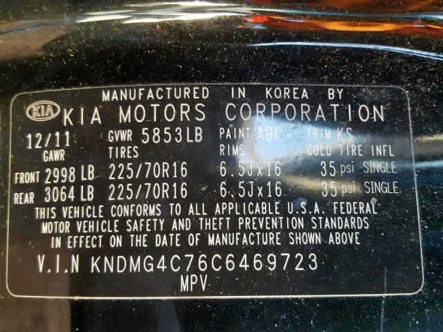 KNDMG4C76C6469723 - 2012 KIA SEDONA LX BLACK photo 10