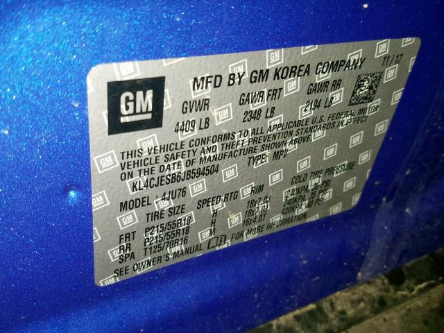 KL4CJESB6JB594504 - 2018 BUICK ENCORE PRE BLUE photo 10