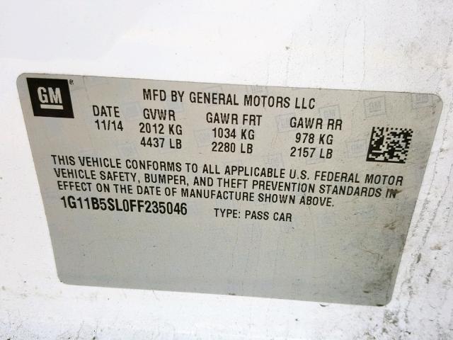 1G11B5SL0FF235046 - 2015 CHEVROLET MALIBU LS WHITE photo 10