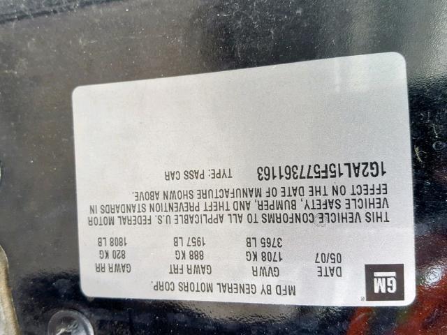 1G2AL15F577361163 - 2007 PONTIAC G5 BLACK photo 10
