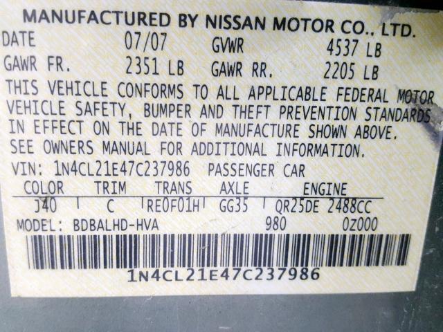 1N4CL21E47C237986 - 2007 NISSAN ALTIMA HYB GREEN photo 10