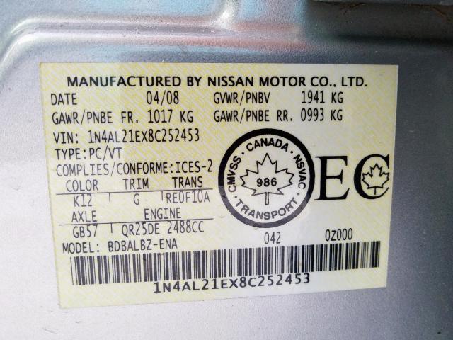 1N4AL21EX8C252453 - 2008 NISSAN ALTIMA 2.5  photo 10