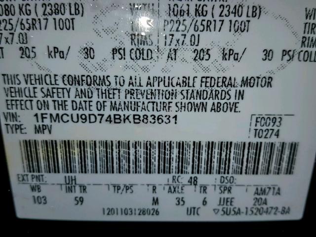 1FMCU9D74BKB83631 - 2011 FORD ESCAPE XLT BLACK photo 10