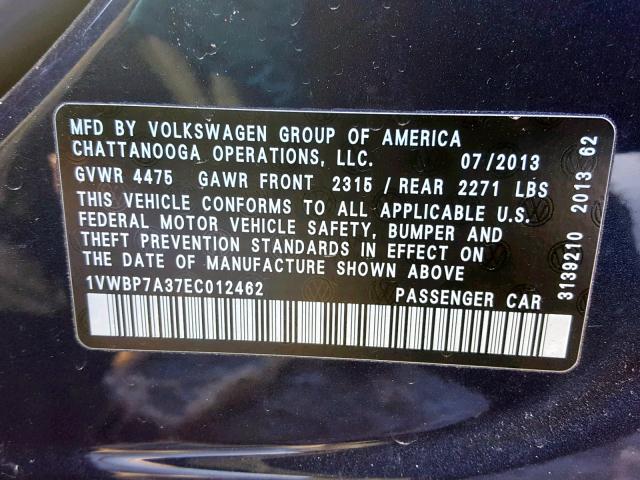 1VWBP7A37EC012462 - 2014 VOLKSWAGEN PASSAT SE BLUE photo 10