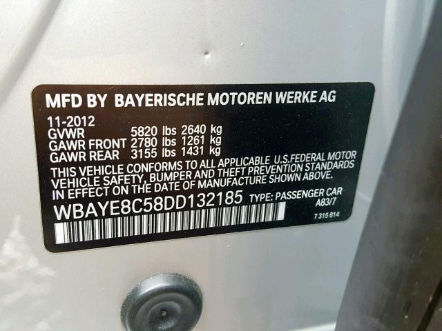WBAYE8C58DD132185 - 2013 BMW 750LI SILVER photo 10
