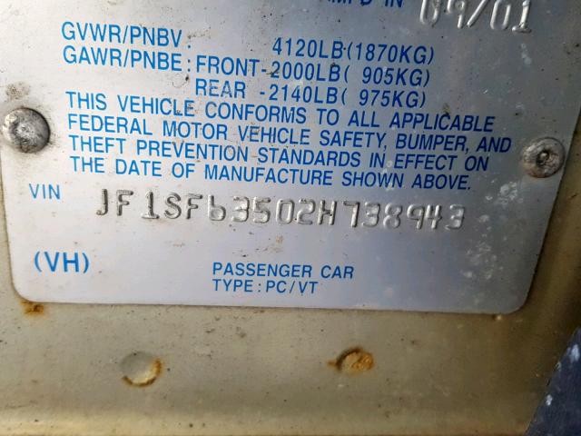 JF1SF63502H738943 - 2002 SUBARU FORESTER L GOLD photo 10