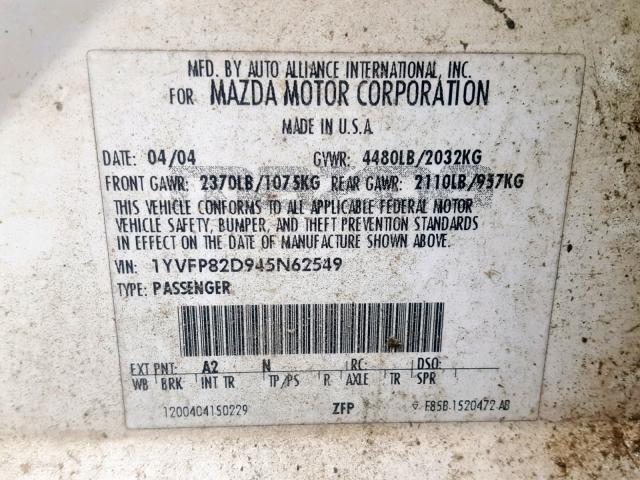 1YVFP82D945N62549 - 2004 MAZDA 6 S WHITE photo 10