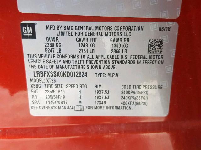 LRBFX3SX0KD012824 - 2019 BUICK ENVISION P RED photo 10