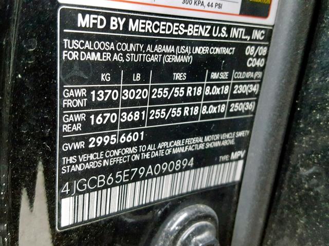 4JGCB65E79A090894 - 2009 MERCEDES-BENZ R 350 4MAT BLACK photo 10