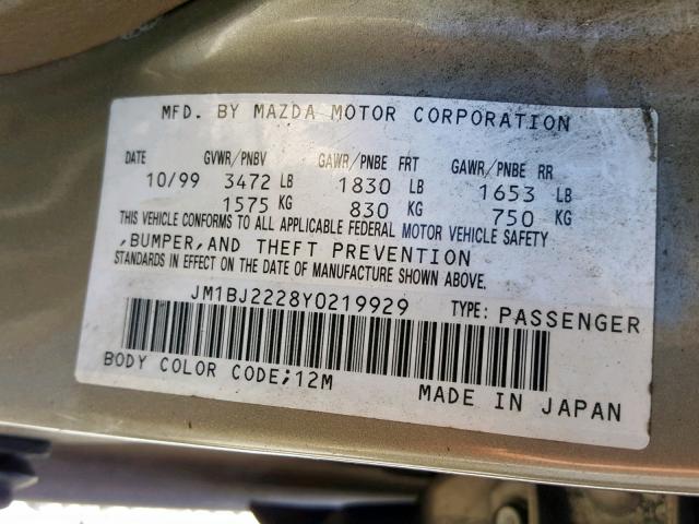 JM1BJ2228Y0219929 - 2000 MAZDA PROTEGE DX GOLD photo 10