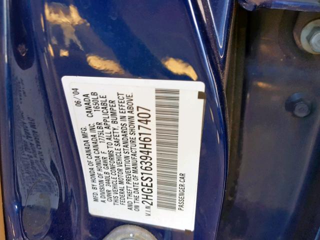 2HGES16394H617407 - 2004 HONDA CIVIC DX V BLUE photo 10