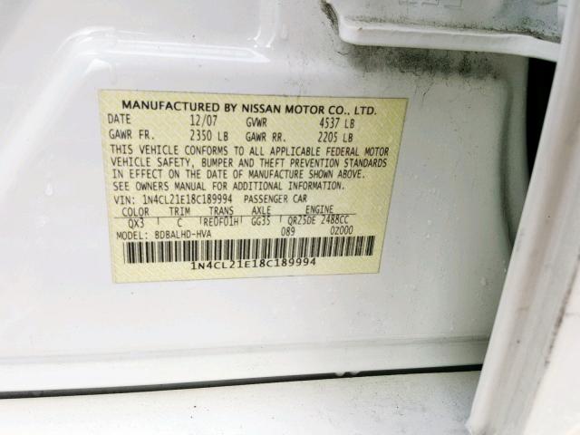 1N4CL21E18C189994 - 2008 NISSAN ALTIMA HYB WHITE photo 10