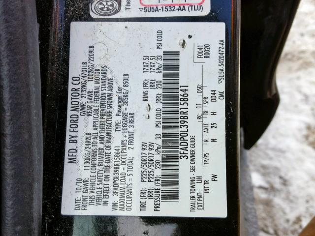 3FADP0L39BR158641 - 2011 FORD FUSION HYB BLACK photo 10