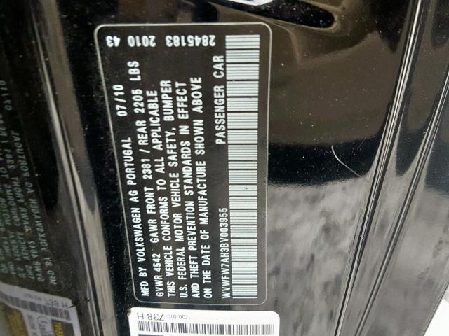 WVWFW7AH3BV003955 - 2011 VOLKSWAGEN EOS LUX 黑色 照片 10