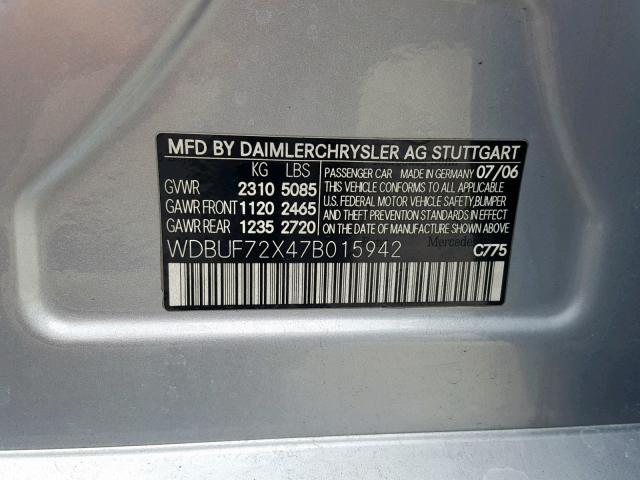 WDBUF72X47B015942 - 2007 MERCEDES-BENZ E 550 SILVER photo 10