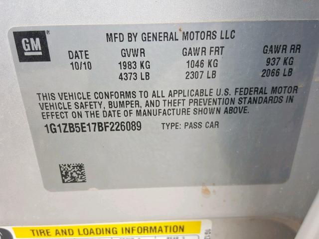 1G1ZB5E17BF226089 - 2011 CHEVROLET MALIBU LS 银色 照片 10