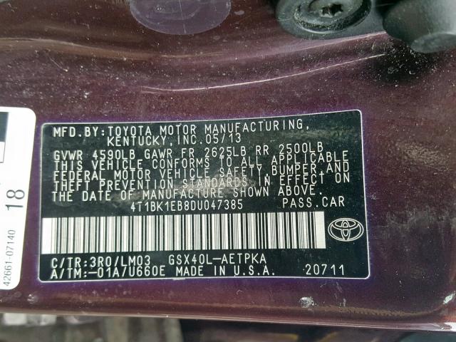 4T1BK1EB8DU047385 - 2013 TOYOTA AVALON BAS MAROON photo 10