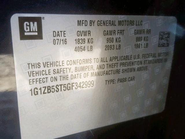 1G1ZB5ST5GF342999 - 2016 CHEVROLET MALIBU LS BLUE photo 10