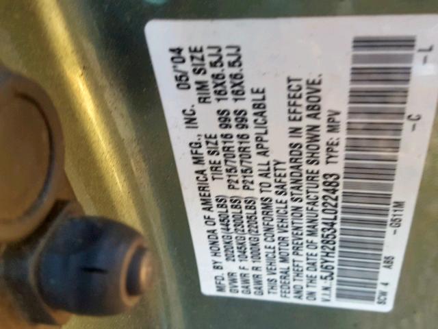 5J6YH28534L022483 - 2004 HONDA ELEMENT EX GREEN photo 10