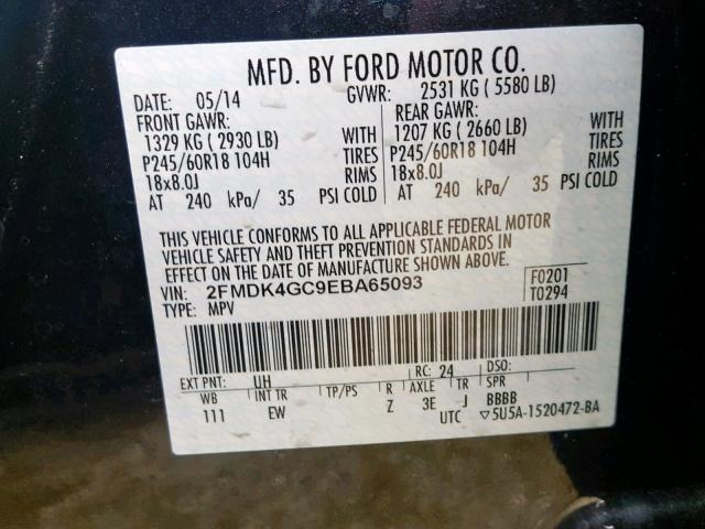 2FMDK4GC9EBA65093 - 2014 FORD EDGE SE BLACK photo 10