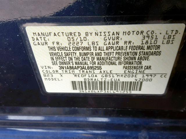 3N1AB6AP3AL695255 - 2010 NISSAN SENTRA 2.0 BLUE photo 10