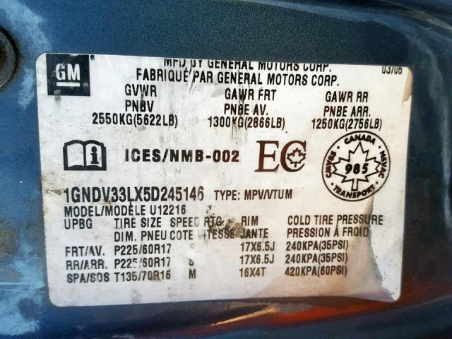 1GNDV33LX5D245146 - 2005 CHEVROLET UPLANDER L Mavi foto 10