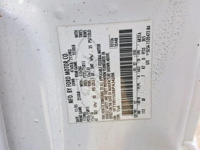 1FTYR11U56PA34256 - 2006 FORD RANGER WHITE photo 10