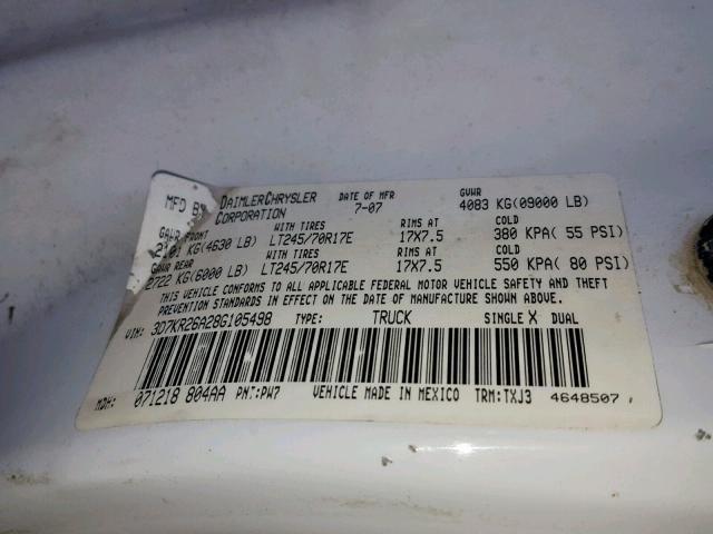 3D7KR26A28G105498 - 2008 DODGE RAM 2500 S Սպիտակ լուսանկար 10